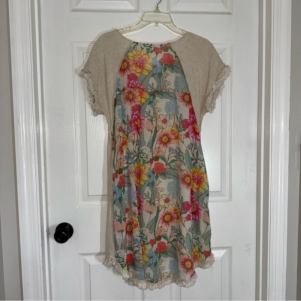 Umgee Beige Mini Linen Dress with High Low Ruffle Fringe and Floral Print - Picture 9 of 16